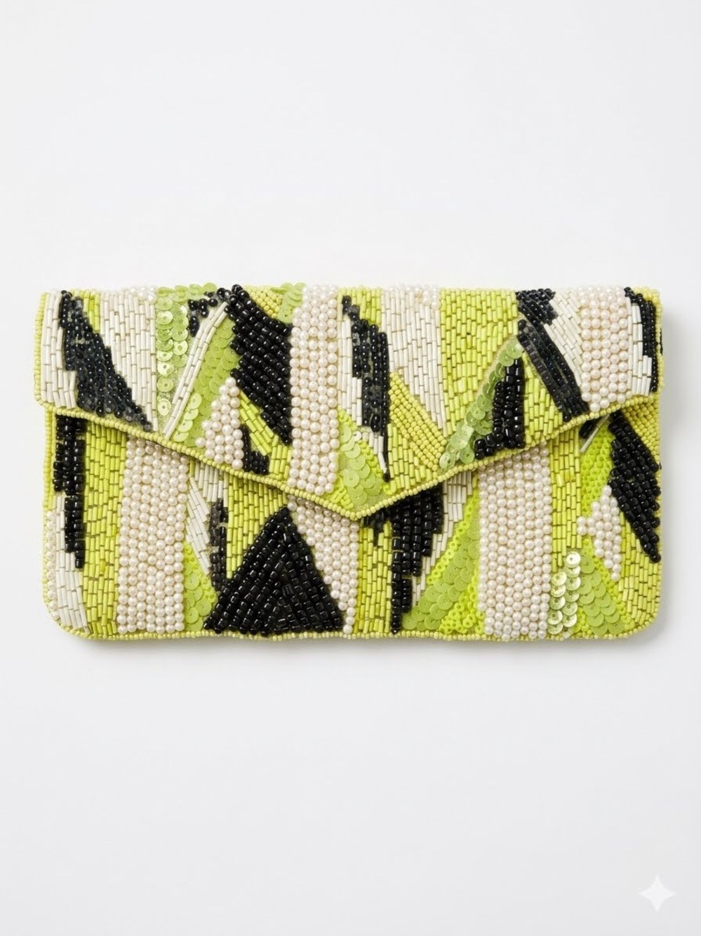 BCBGeneration Beaded Sequin Envelope Clutch - Lime Green, Black, Cream & White